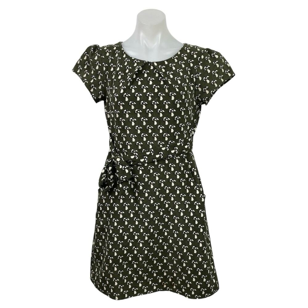 Gold Kid Green Corduroy Mushroom Belted Puff Short Sleeve Mini A-Line Dress S/M